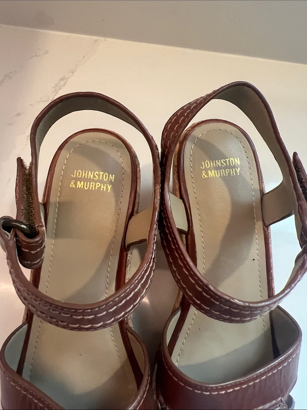 Johnston & Murphy Brown Leather Ankle-Strap Wedge Sandals - Picture 2 of 9